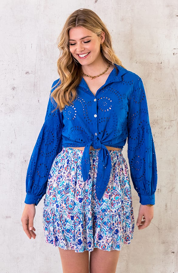 Katoenen Embroidery Knoop Blouse Kobalt – shoparchief, foto 2
