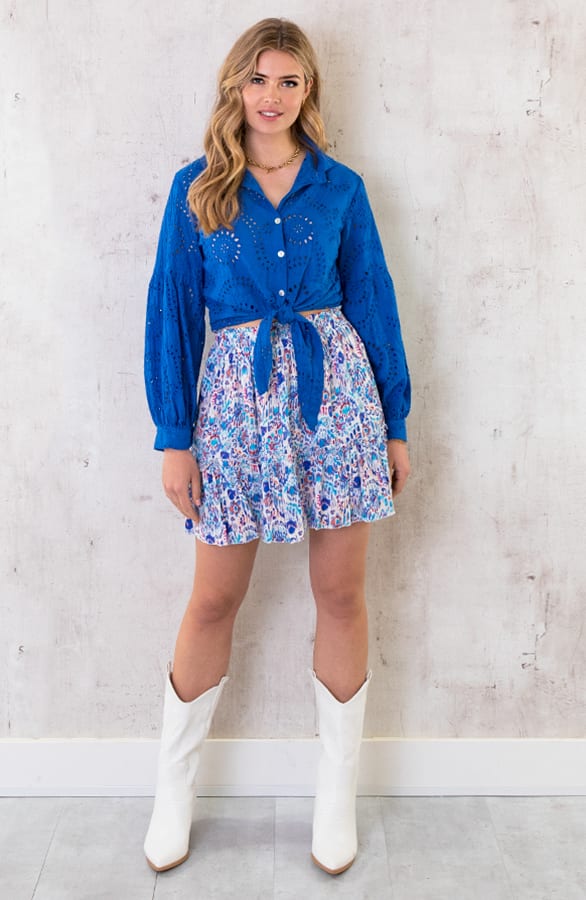 Katoenen Embroidery Knoop Blouse Kobalt – shoparchief, foto 6