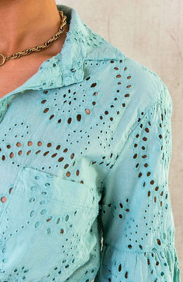 Katoenen Embroidery Knoop Blouse Mint – shoparchief, foto 5