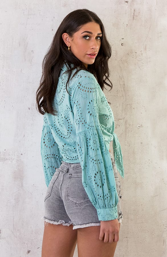 Katoenen Embroidery Knoop Blouse Mint – shoparchief, foto 4