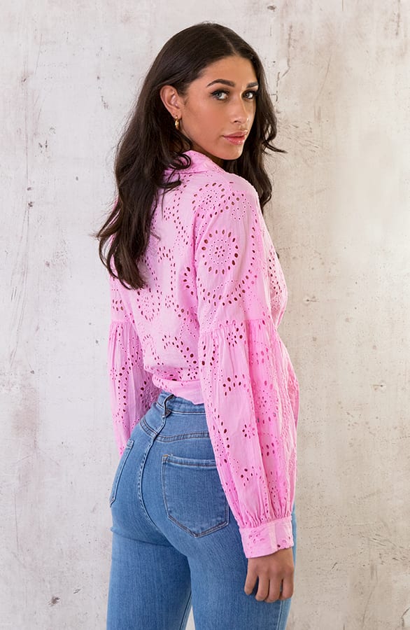 Katoenen Embroidery Knoop Blouse Roze – shoparchief, foto 5