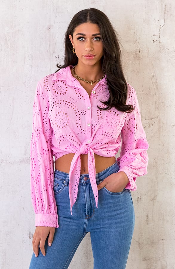 Katoenen Embroidery Knoop Blouse Roze – shoparchief, foto 1