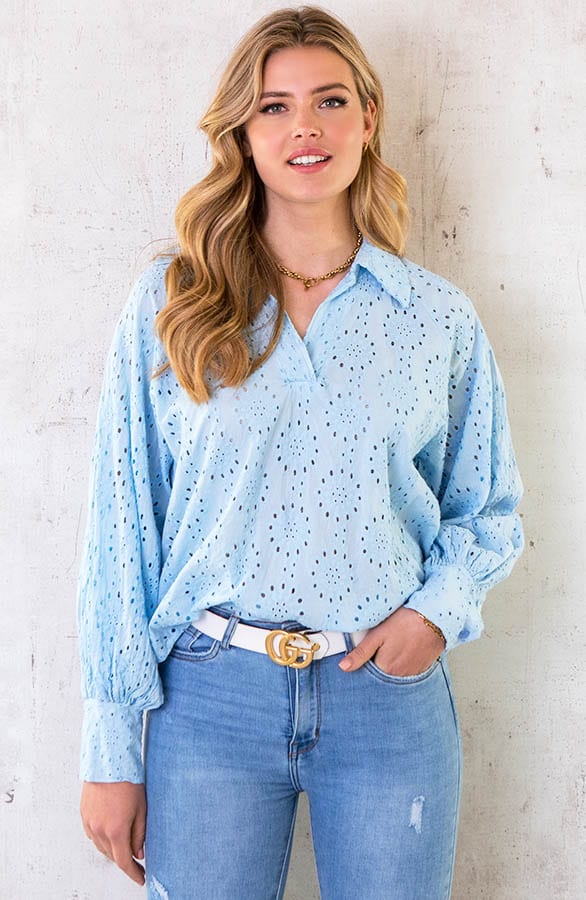 Katoenen Embroidery Oversized Blouse Babyblauw – shoparchief, foto 1