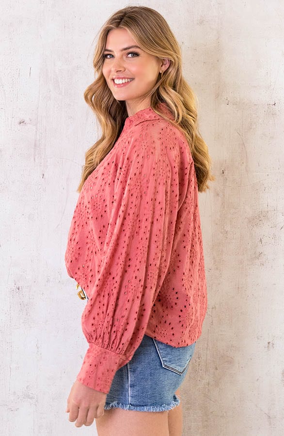 Katoenen Embroidery Oversized Blouse Dust Roze – shoparchief, foto 3