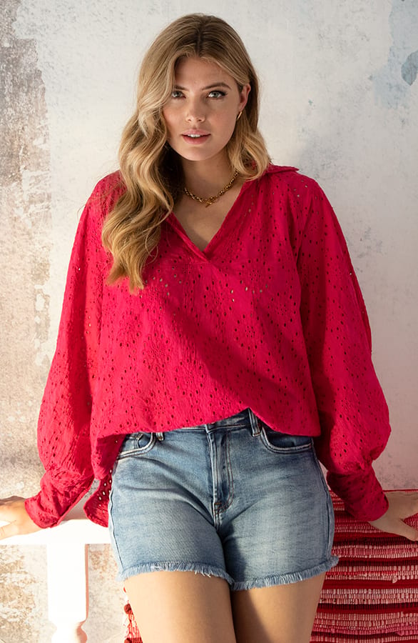 Katoenen Embroidery Oversized Blouse Fuchsia – shoparchief, foto 7