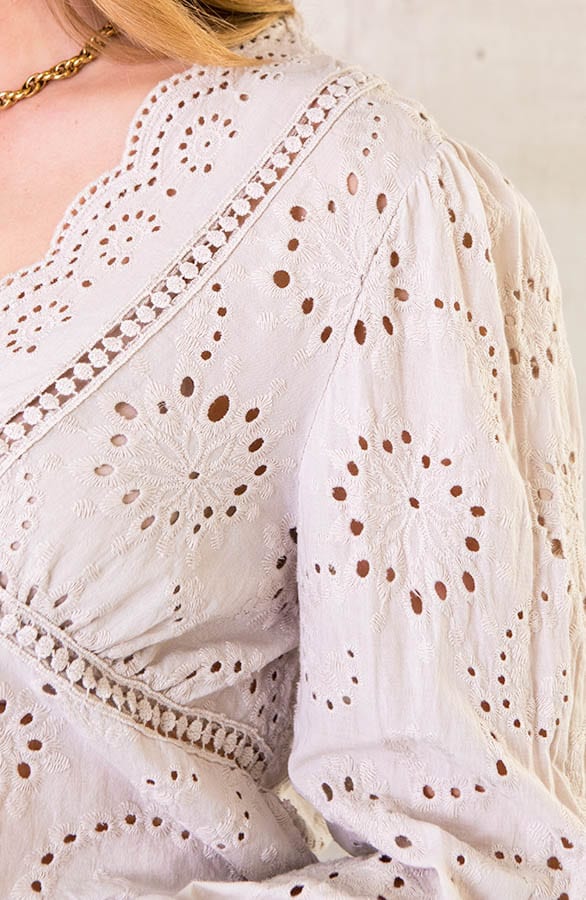 Katoenen V-hals Top Embroidery Beige – shoparchief, foto 5