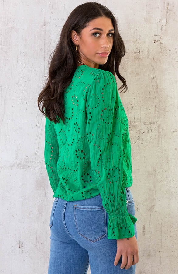 Katoenen V-hals Top Embroidery Bright Green – shoparchief, foto 4