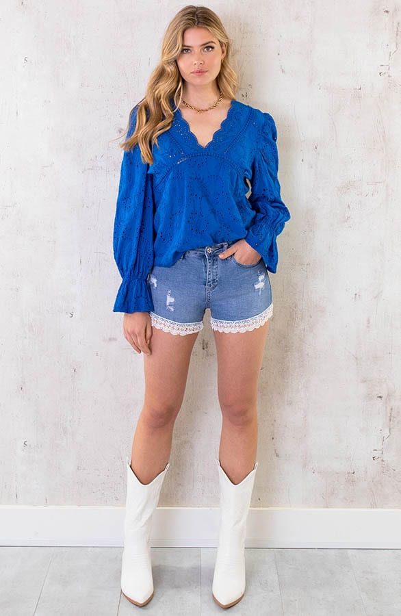Katoenen V-hals Top Embroidery Kobalt – shoparchief, foto 6