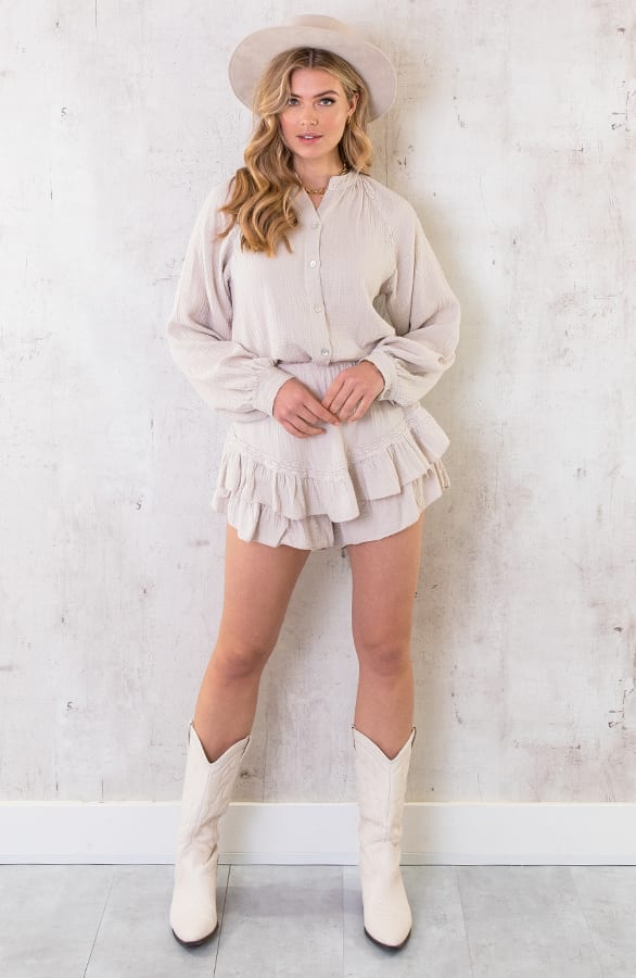 Knopen Blouse Mousseline Beige – shoparchief, foto 6