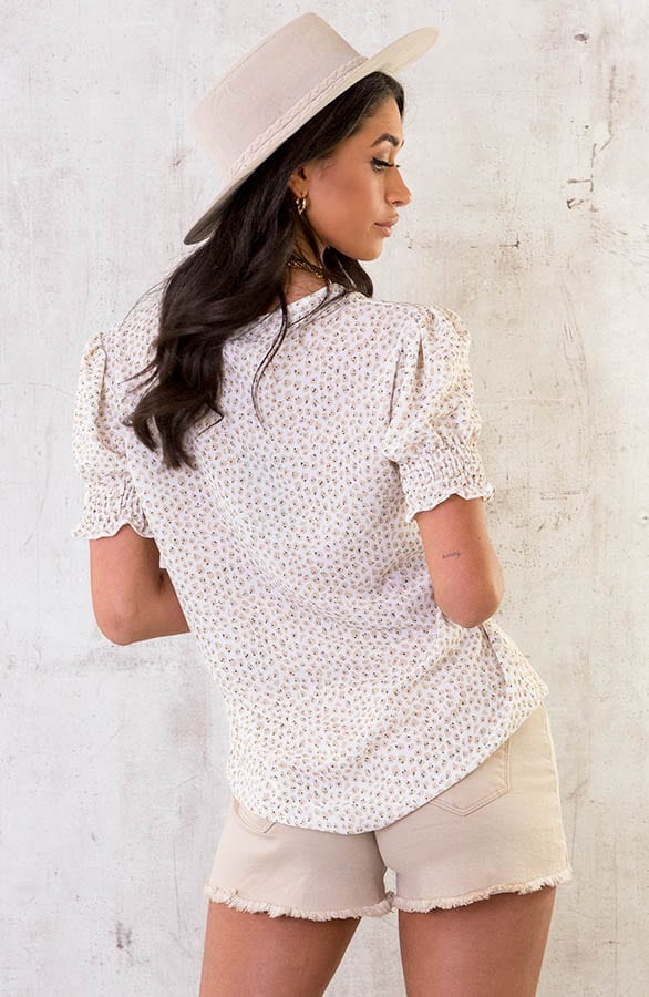 Korte Mouwen Print Blouse Beige – shoparchief, foto 4