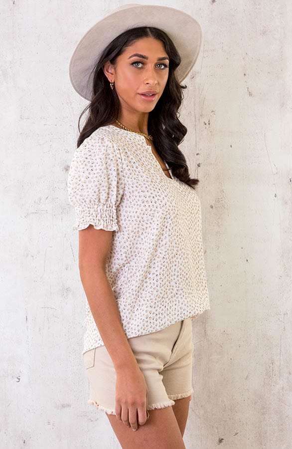 Korte Mouwen Print Blouse Beige – shoparchief, foto 3
