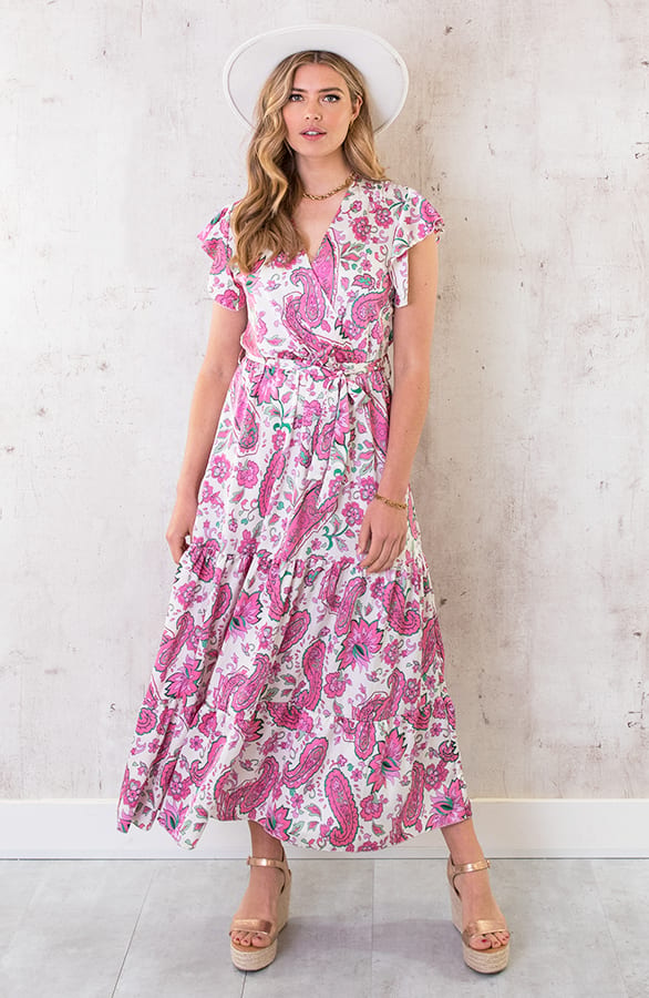 Maxi Satijnen Jurk Paisley Fuchsia – shoparchief, foto 2