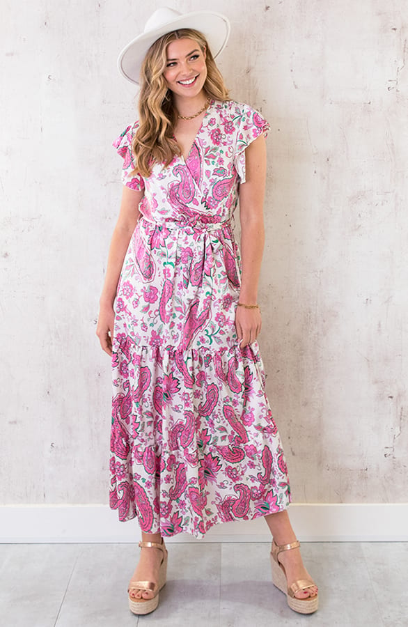 Maxi Satijnen Jurk Paisley Fuchsia – shoparchief, foto 1