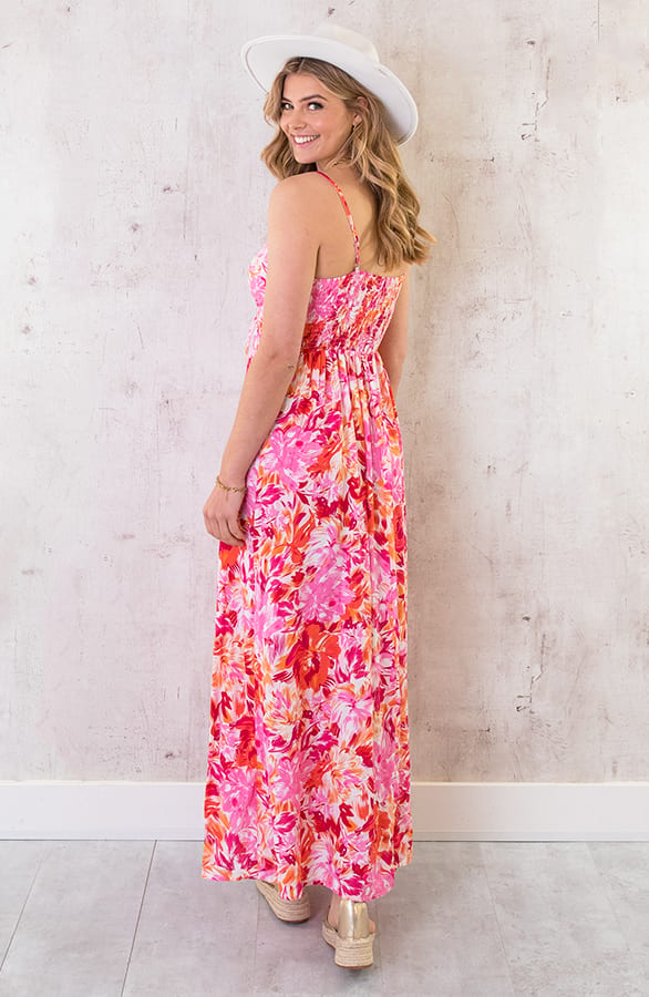 Maxi Spaghetti Jurk Flower Roze Rood – shoparchief, foto 5