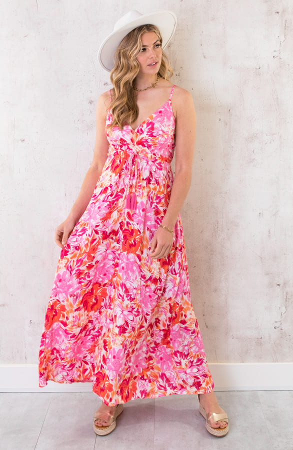 Maxi Spaghetti Jurk Flower Roze Rood – shoparchief, foto 3