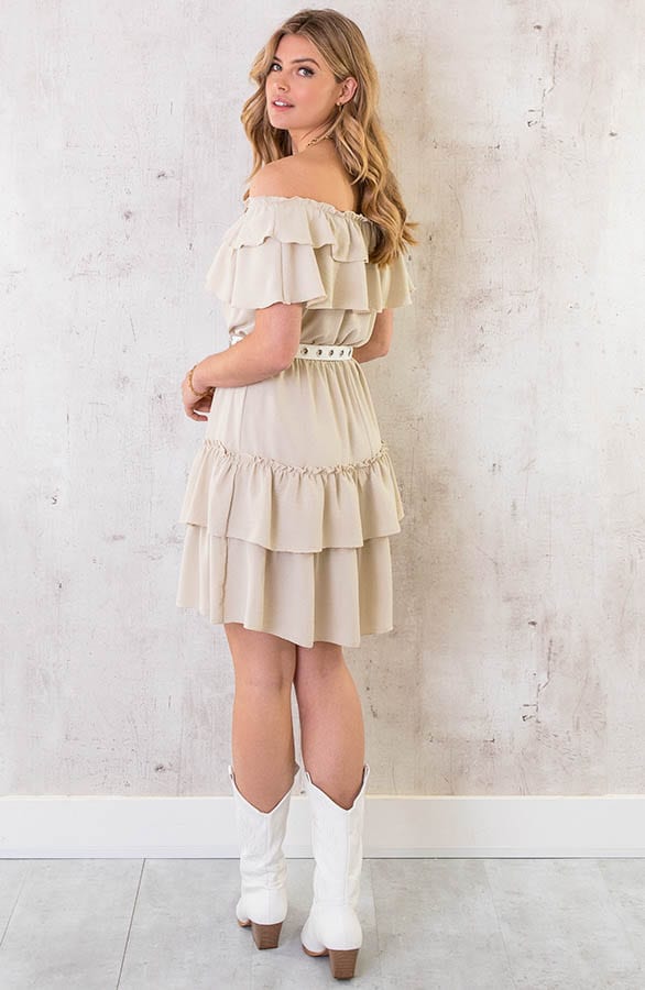 Off Shoulder Laagjes Jurk Beige – shoparchief, foto 5