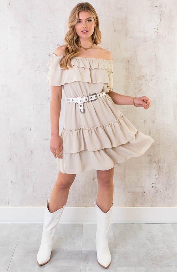 Off Shoulder Laagjes Jurk Beige – shoparchief, foto 3