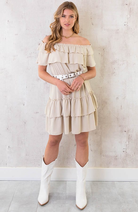 Off Shoulder Laagjes Jurk Beige – shoparchief, foto 2