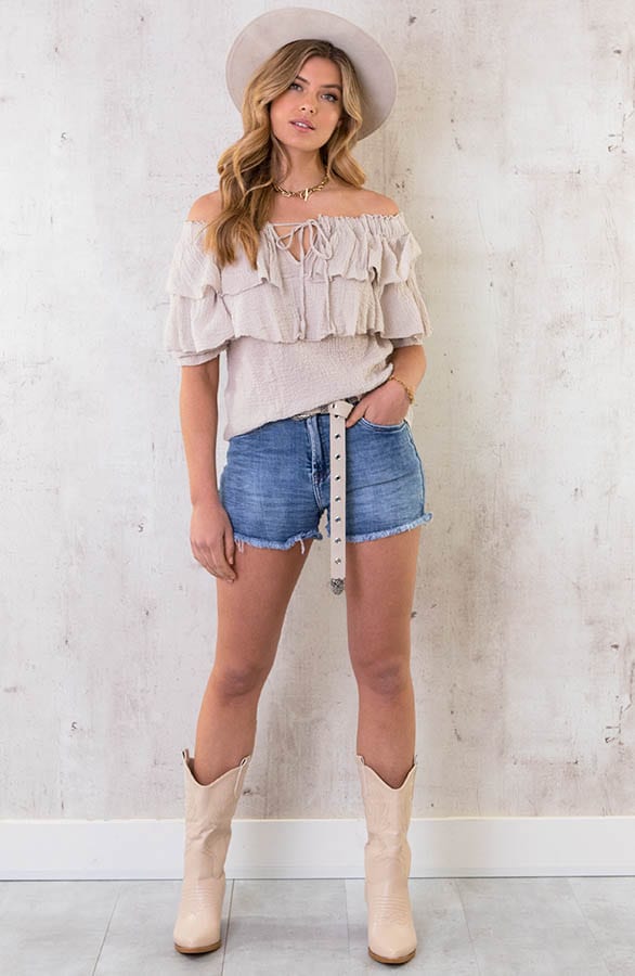 Off Shoulder Ruffle Top Beige – shoparchief, foto 5