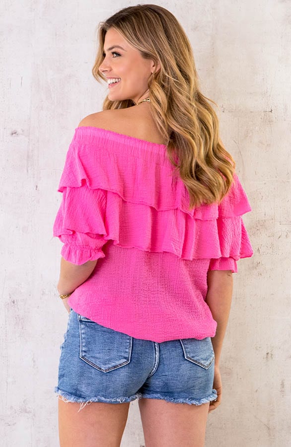 Off Shoulder Ruffle Top Fuchsia – shoparchief, foto 4