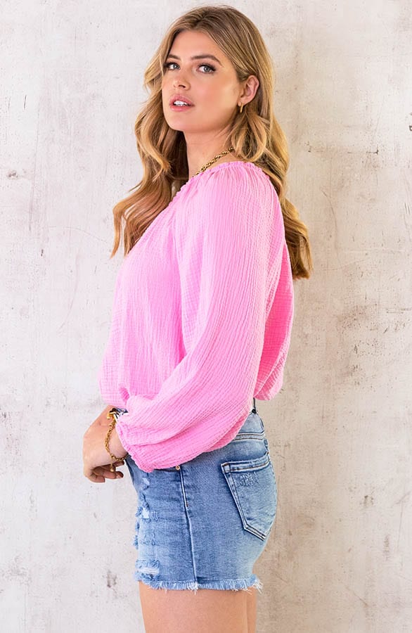 One Shoulder Mousseline Oversized Top Roze – shoparchief, foto 3