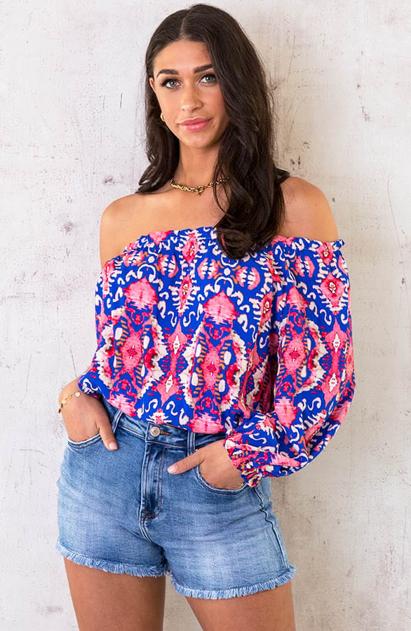 One Shoulder Top Print Kobalt Fuchsia – shoparchief, foto 4