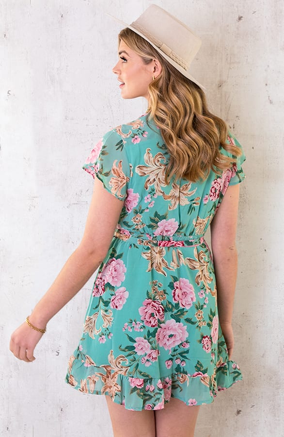 Overslag Jurk Roze Bloemen Mint – shoparchief, foto 4