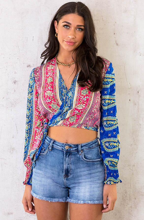 Paisley Overslag Cropped Blouse Fuchsia Kobalt – shoparchief, foto 2