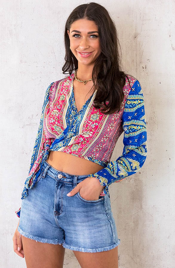 Paisley Overslag Cropped Blouse Fuchsia Kobalt – shoparchief, foto 3
