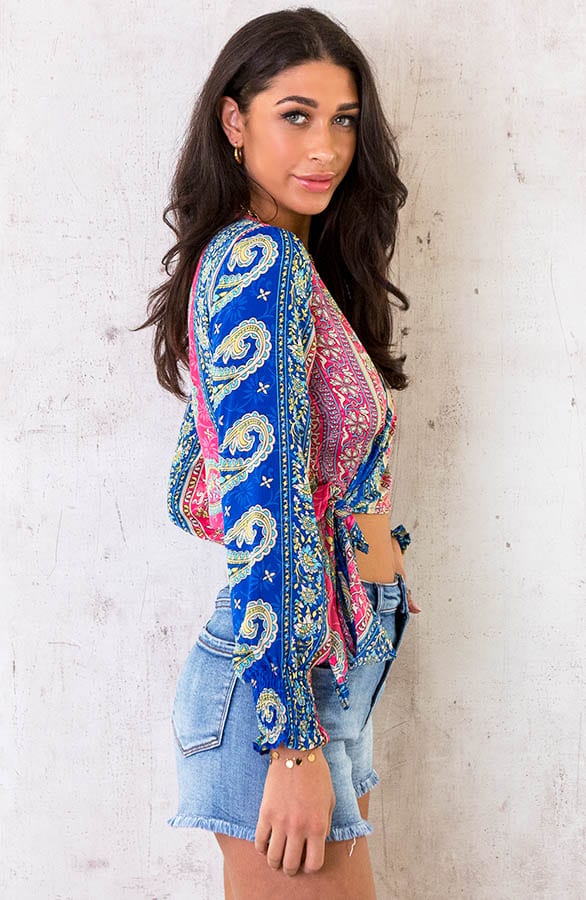 Paisley Overslag Cropped Blouse Fuchsia Kobalt – shoparchief, foto 4
