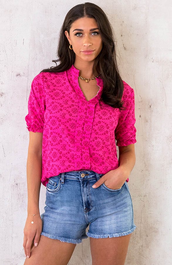 Blouse V-hals Print Fuchsia – shoparchief, foto 1