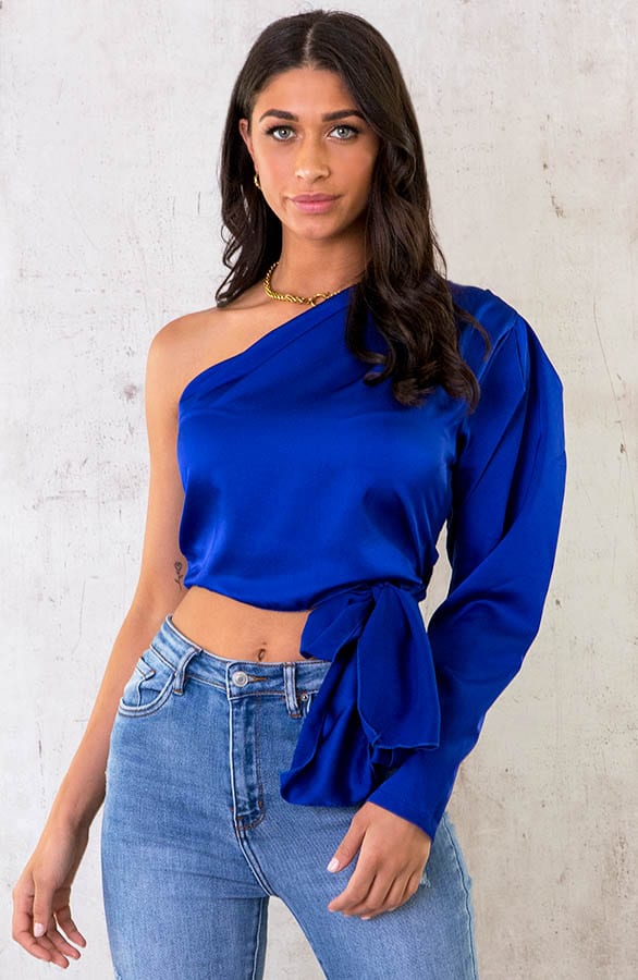 Satijnen Strik Crop Top Kobalt – shoparchief, foto 1