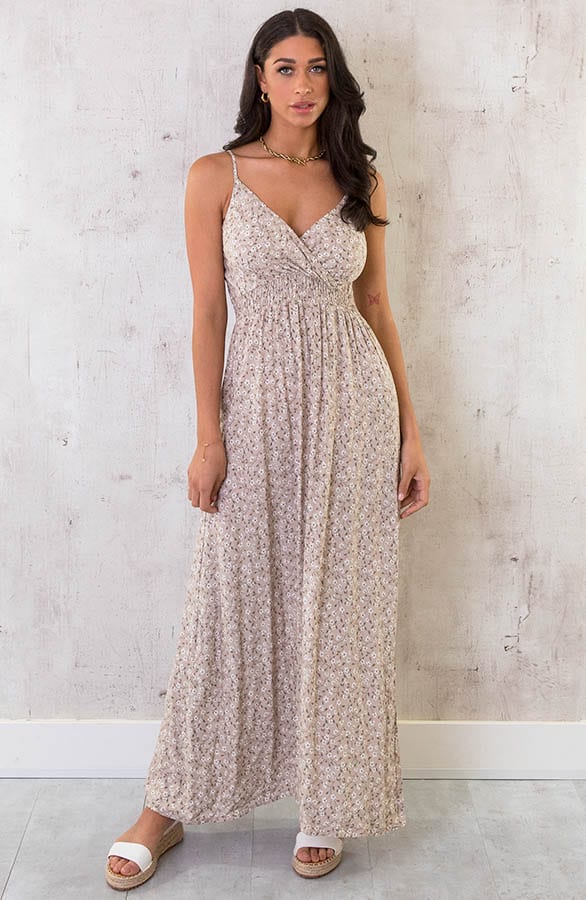 Spaghetti Maxi Jurk Bloem Beige – shoparchief, foto 1