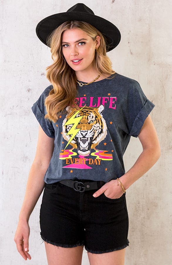 Tiger Bliksem Top Neon Roze Grijs – shoparchief, foto 1