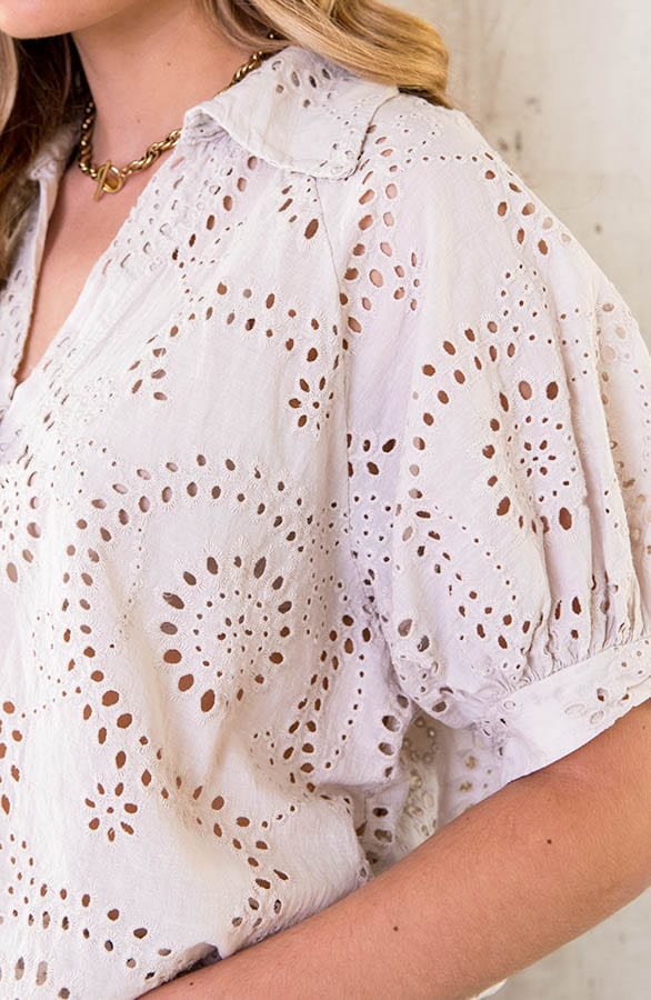 Katoenen Embroidery Blouse Korte Mouwen Beige – shoparchief, foto 5