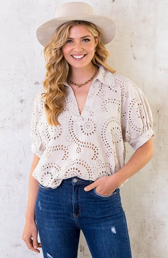 Katoenen Embroidery Blouse Korte Mouwen Beige – shoparchief, foto 1