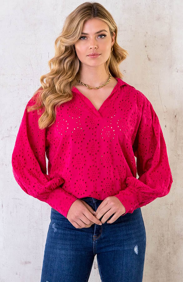 Katoenen Embroidery Oversized Blouse Fuchsia – shoparchief, foto 1