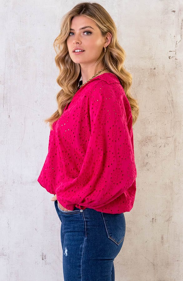 Katoenen Embroidery Oversized Blouse Fuchsia – shoparchief, foto 3