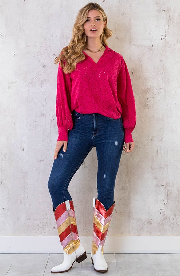 Katoenen Embroidery Oversized Blouse Fuchsia – shoparchief, foto 6