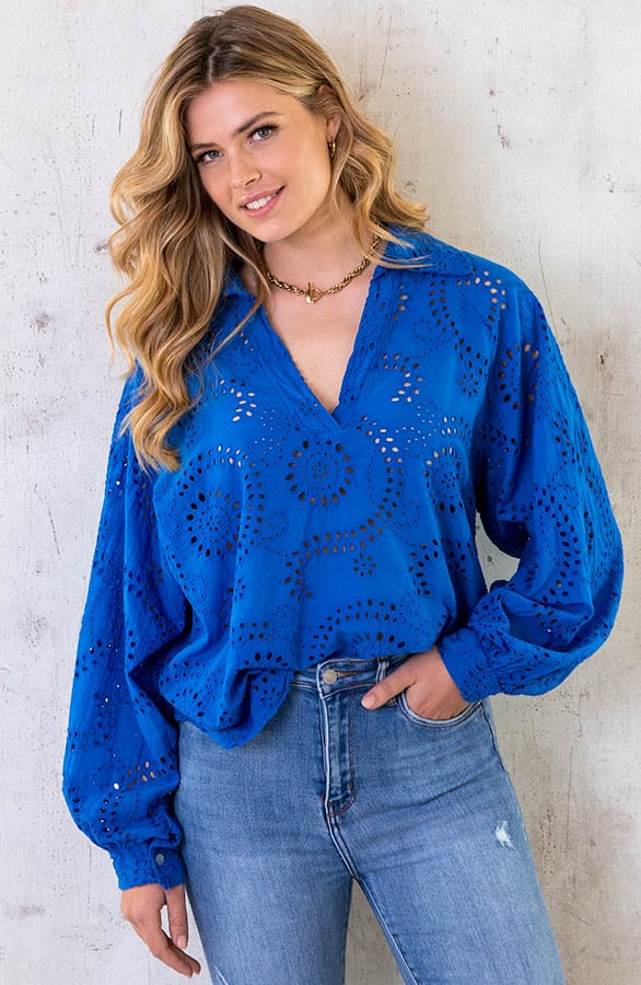 Katoenen Embroidery Oversized Blouse Kobalt – shoparchief, foto 2