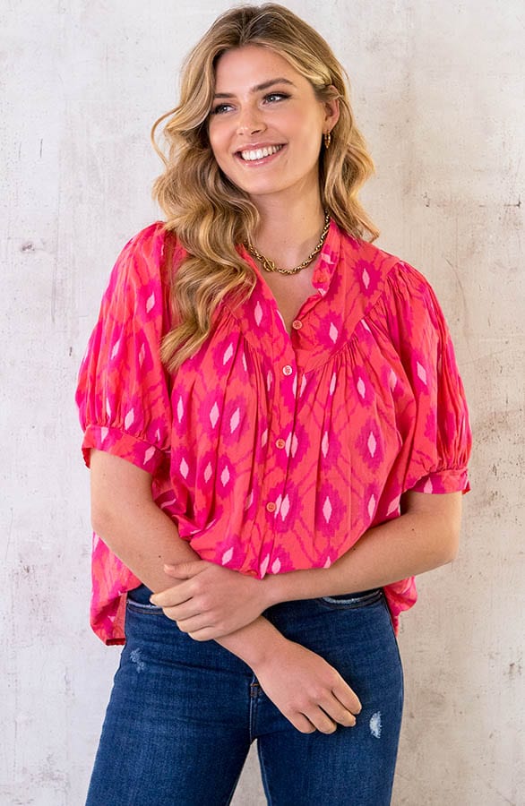 Katoenen Pofmouw Blouse Aztec Fuchsia – shoparchief, foto 1