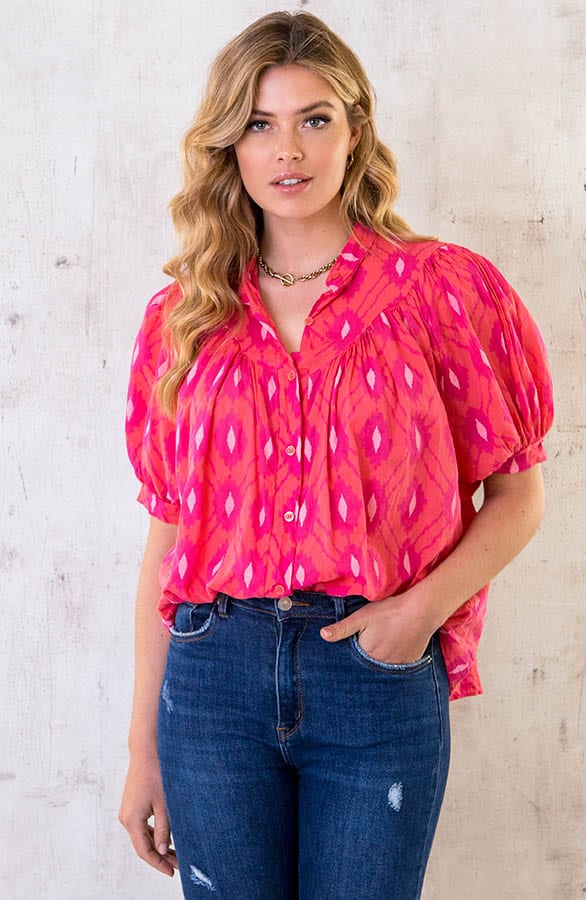 Katoenen Pofmouw Blouse Aztec Fuchsia – shoparchief, foto 2