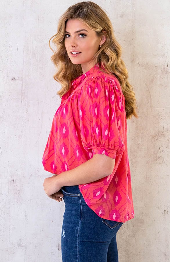 Katoenen Pofmouw Blouse Aztec Fuchsia – shoparchief, foto 3