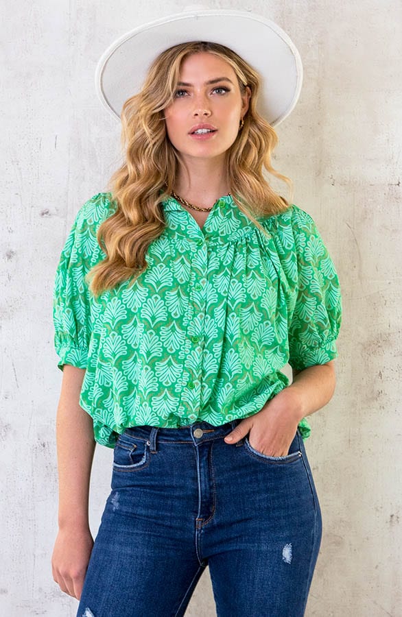 Katoenen Pofmouw Blouse Leaves Bright Green – shoparchief, foto 1