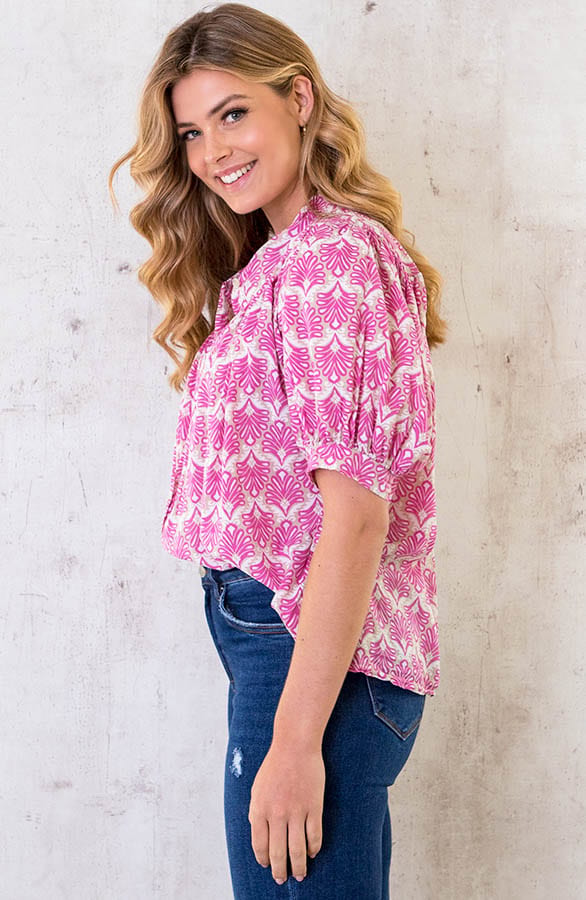 Katoenen Pofmouw Blouse Leaves Pink – shoparchief, foto 2