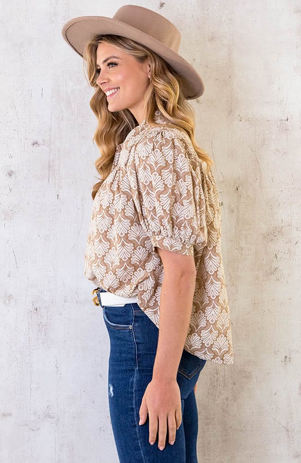 Katoenen Pofmouw Blouse Leaves Taupe – shoparchief, foto 3