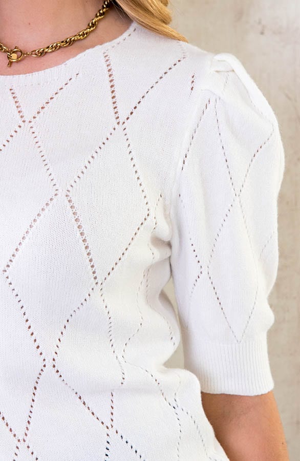 Knitted Pofmouwen Top Ruit Ecru – shoparchief, foto 5