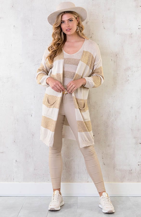 Lurex Cardigan Gestreept Goud Beige – shoparchief, foto 1