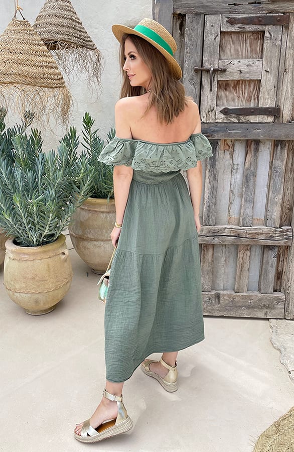 Off Shoulder Embroidery Split Jurk Army – shoparchief, foto 3