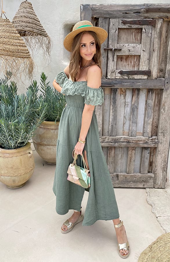 Off Shoulder Embroidery Split Jurk Army – shoparchief, foto 2